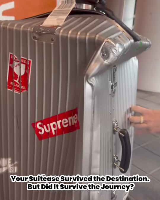 Rimowa suitcase after travel — did it survive the journey? Clear custom-fit cover protects from airport damage, by Fixmeuniva