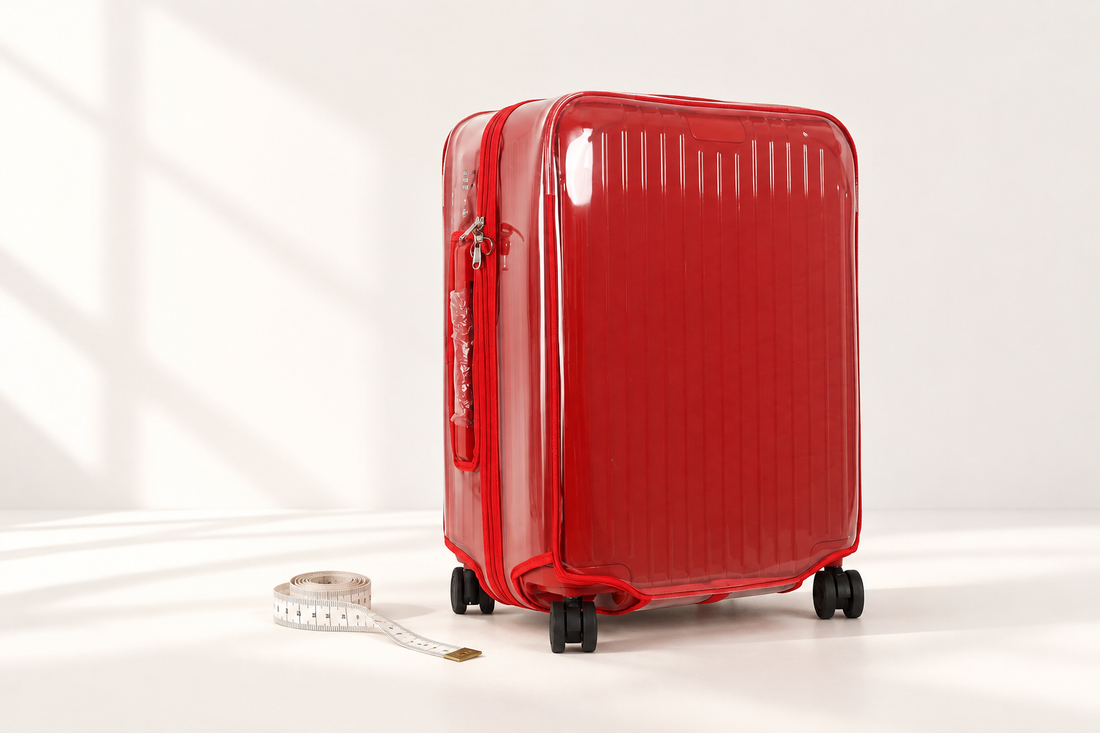 Red Rimowa suitcase in a clear cover with red trim, standing beside a measuring tape.