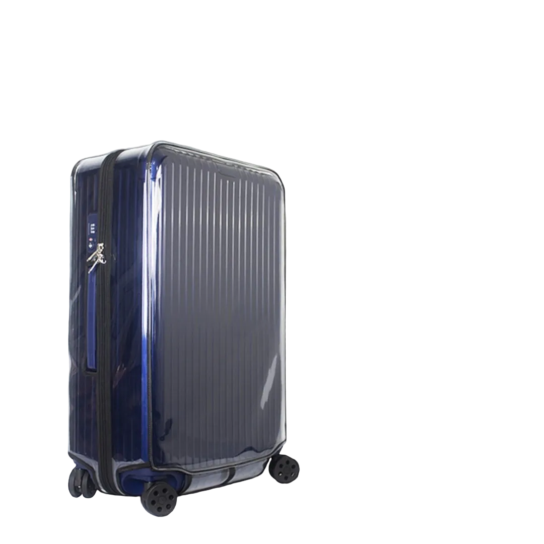 Clear custom fit luggage cover on Rimowa Essential Check-In M navy blue suitcase – ultra-thick transparent protector by Fixmeuniva