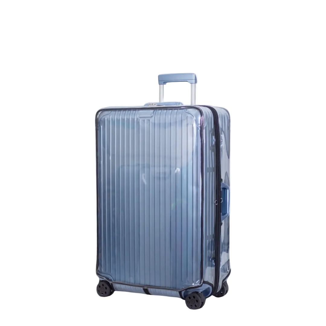Clear custom fit luggage cover on Rimowa Original Check-In M blue suitcase – ultra-thick transparent protector by Fixmeuniva