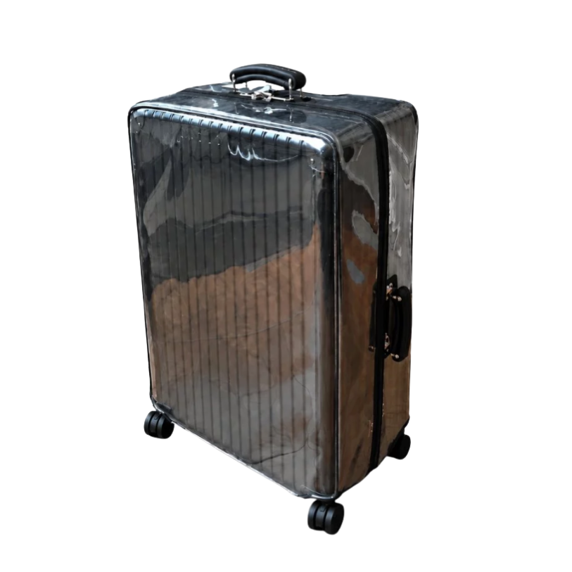 Front three-quarter view of a clear luggage cover with black trim on a Rimowa Classic Check-In M suitcase.
