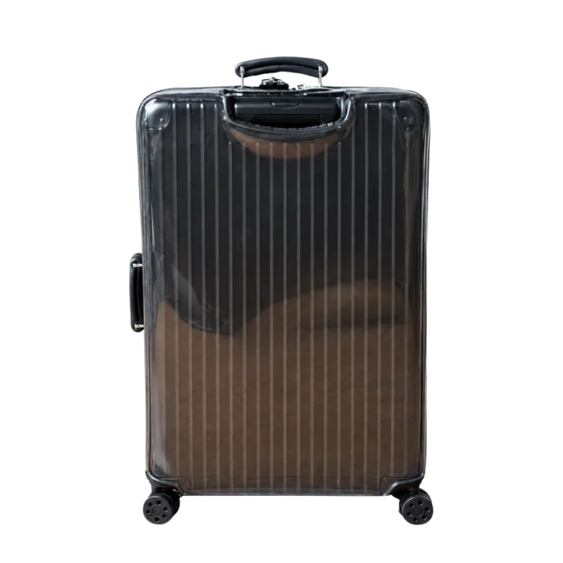 Rear view of a clear luggage cover on a Rimowa Classic Check-In M, with the telescopic handle opening visible.