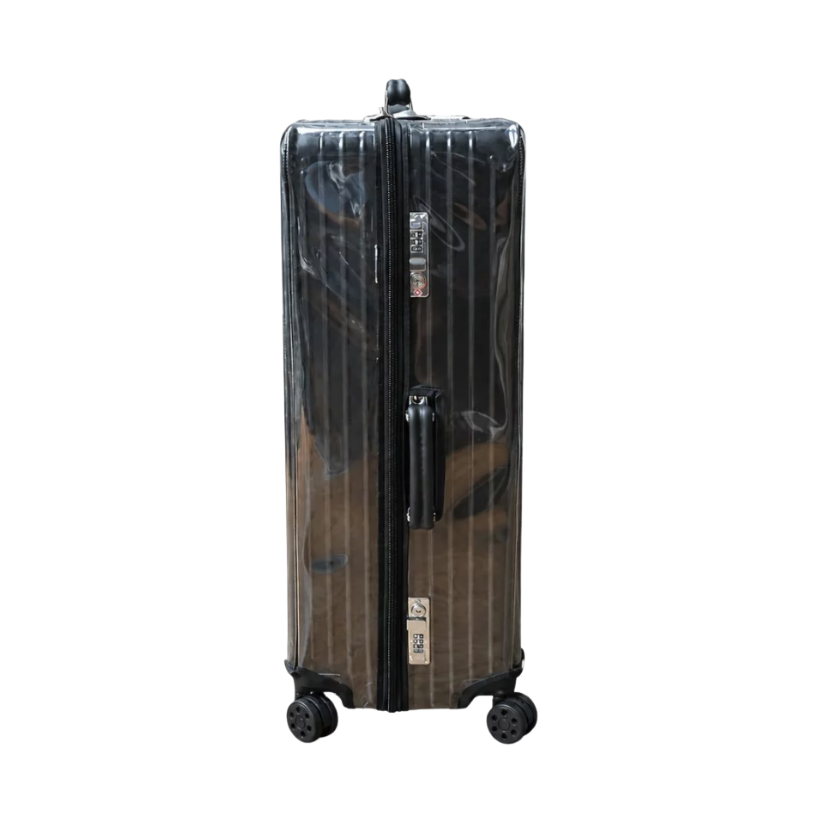 Side view of a clear luggage cover on a Rimowa Classic Check-In M, showing access to the side handle and locks.