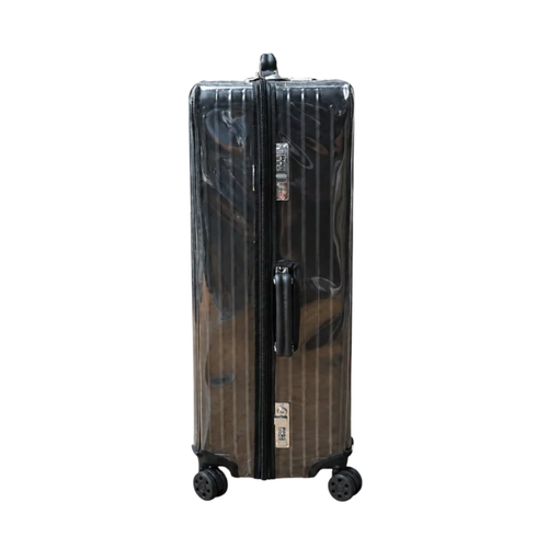 Side view of a clear luggage cover on a Rimowa Classic Check-In M, showing access to the side handle and locks.