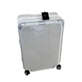 Front view of a Fixmeuniva clear luggage cover fitted to a white Rimowa Hybrid Check-In M suitcase.