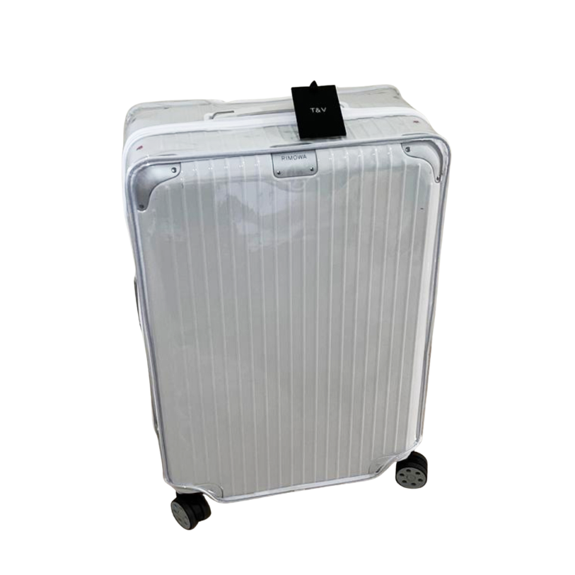 Front view of a Fixmeuniva clear luggage cover fitted to a white Rimowa Hybrid Check-In M suitcase.