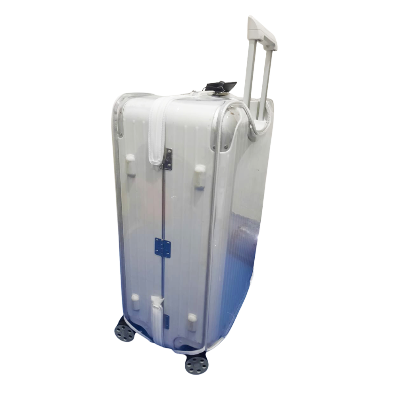 Rear hinge-side view of a Rimowa Hybrid Check-In M with a clear Fixmeuniva cover and extended telescopic handle.