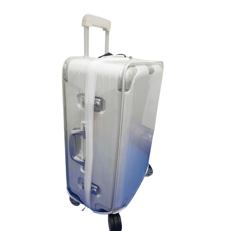 Latch-side view of a Rimowa Hybrid Check-In M in a clear Fixmeuniva cover, showing access to the side handle and locks.